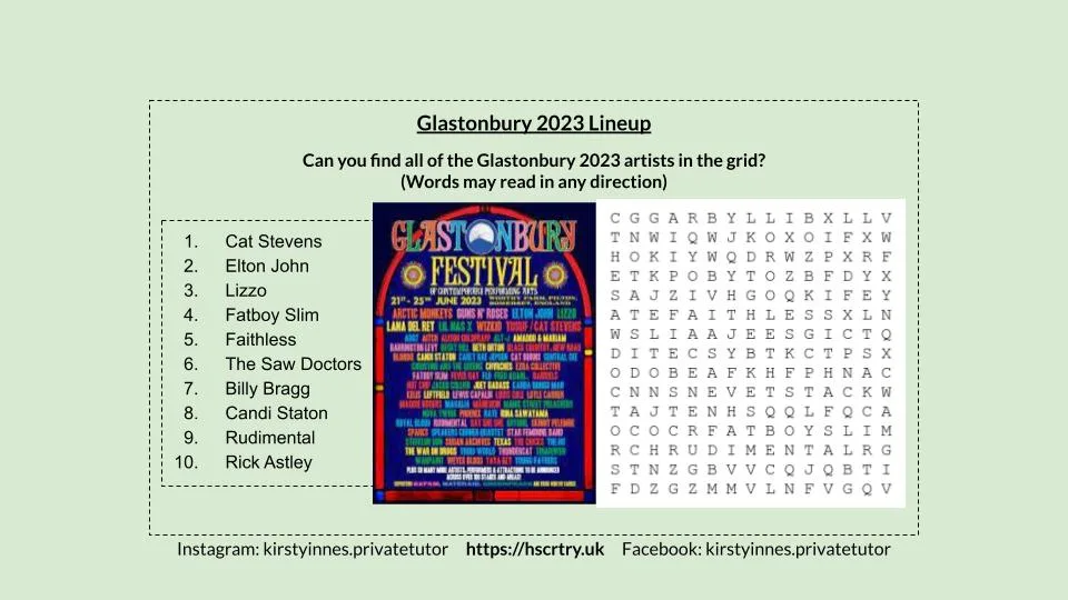 KIPT Glastonbury 2023 wordsearch